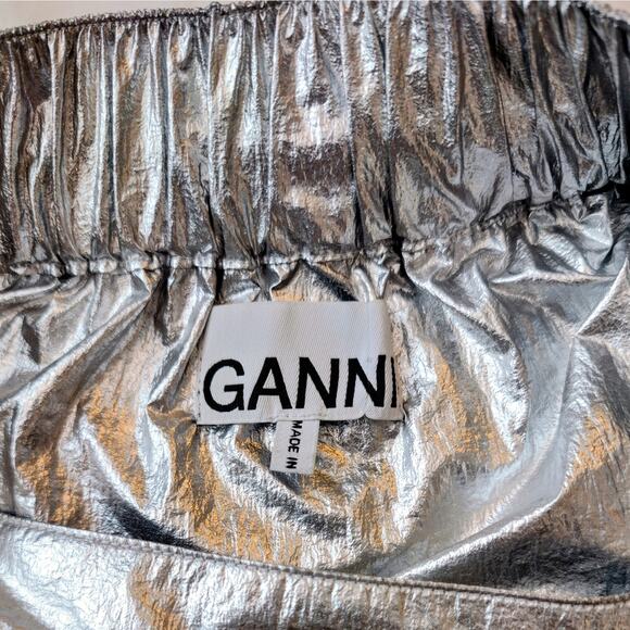 GANNI Nylon Olive & Silver Metallic Full Maxi Skirt Size EU 34 Logo Snap Closure - Picture 5 of 6